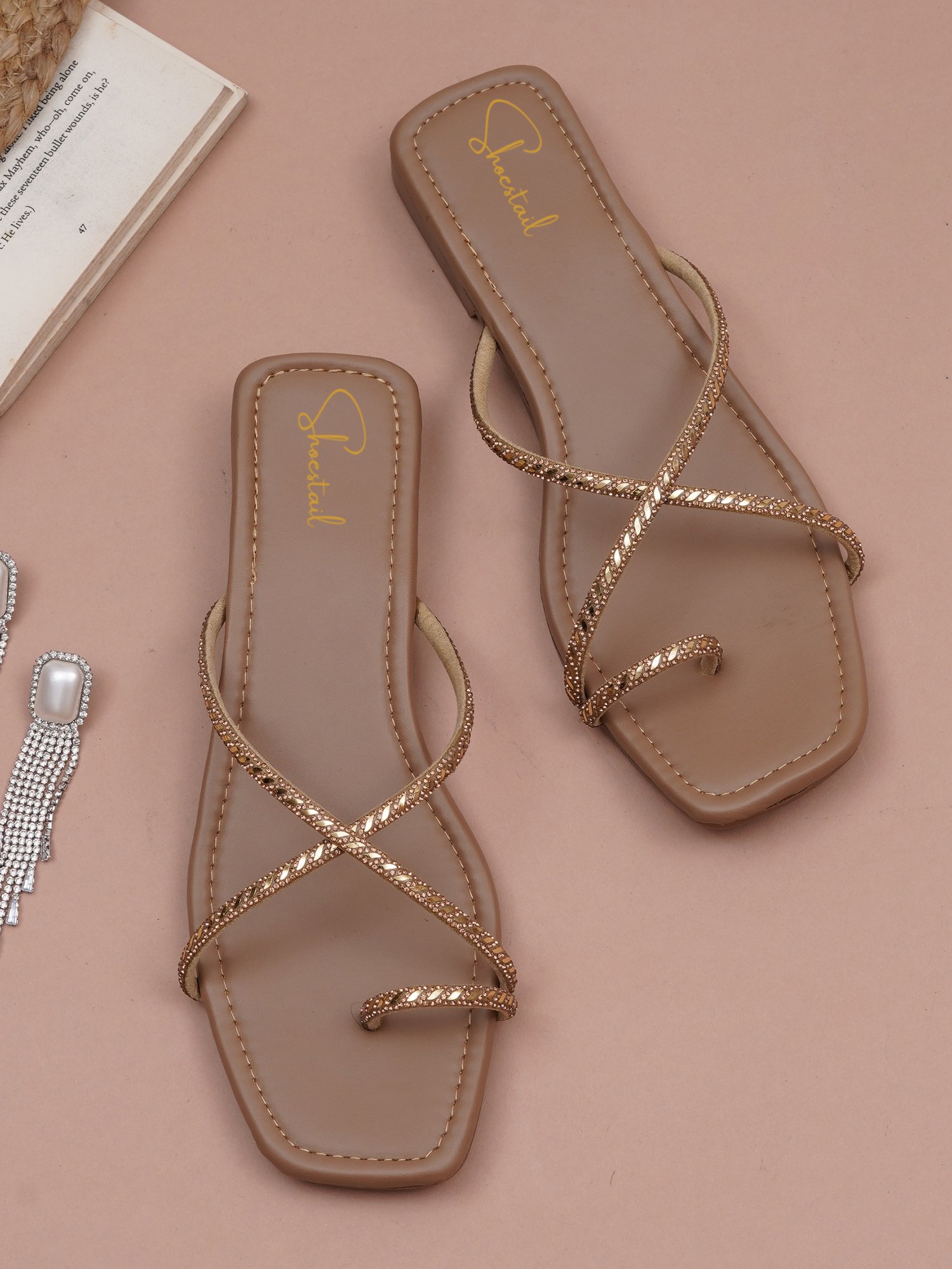 Shoestail Women's Stylish Flat Sandals | Square Toe Cross-Strap Slip-On Sandals with Embellished Straps | Lightweight Fashion Footwear for Women