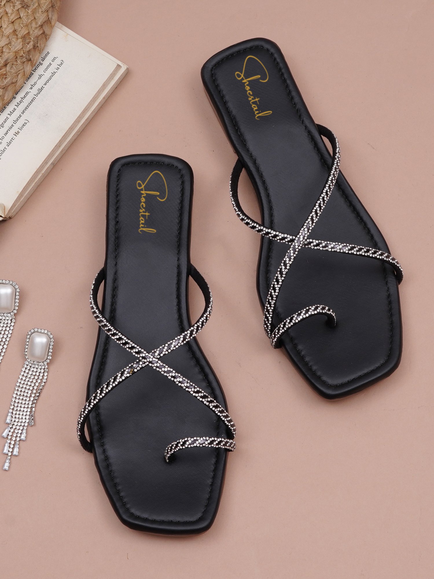 Shoestail Women's Stylish Flat Sandals | Square Toe Cross-Strap Slip-On Sandals with Embellished Straps | Lightweight Fashion Footwear for Women
