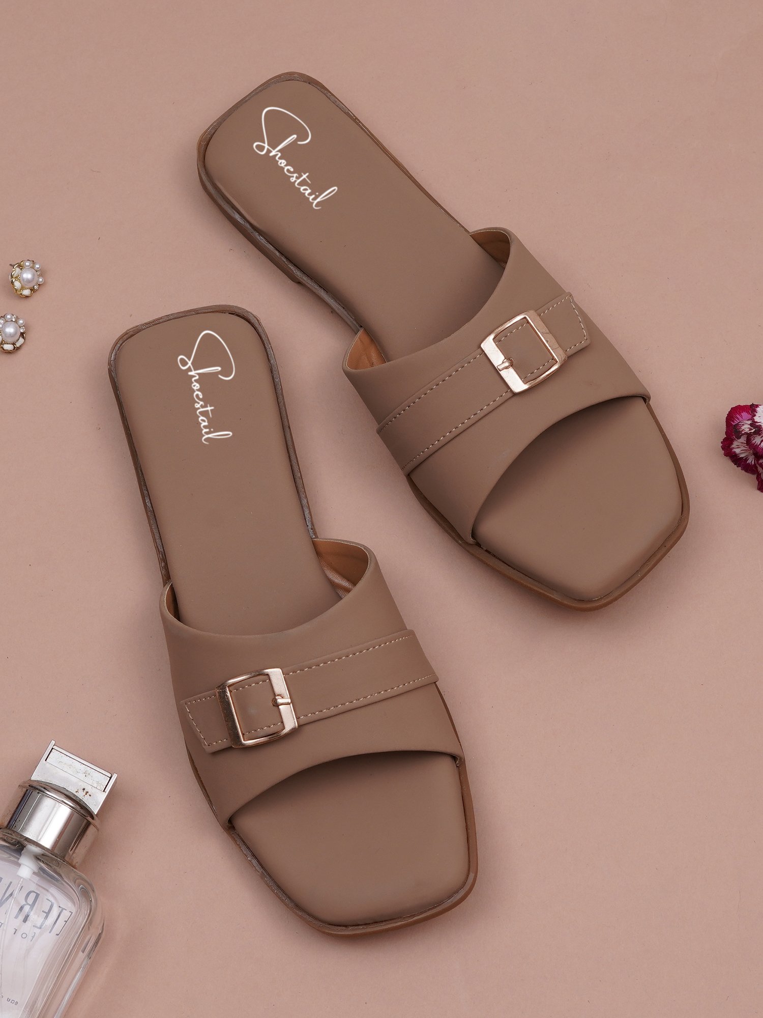 Shoestail Women's Flat Sandals | Slip-On Open Toe Flats for Women | Stylish Buckle Casual Sandals | Soft Cushioned Lightweight Fashion Slippers | Anti-Slip Sole | Beige