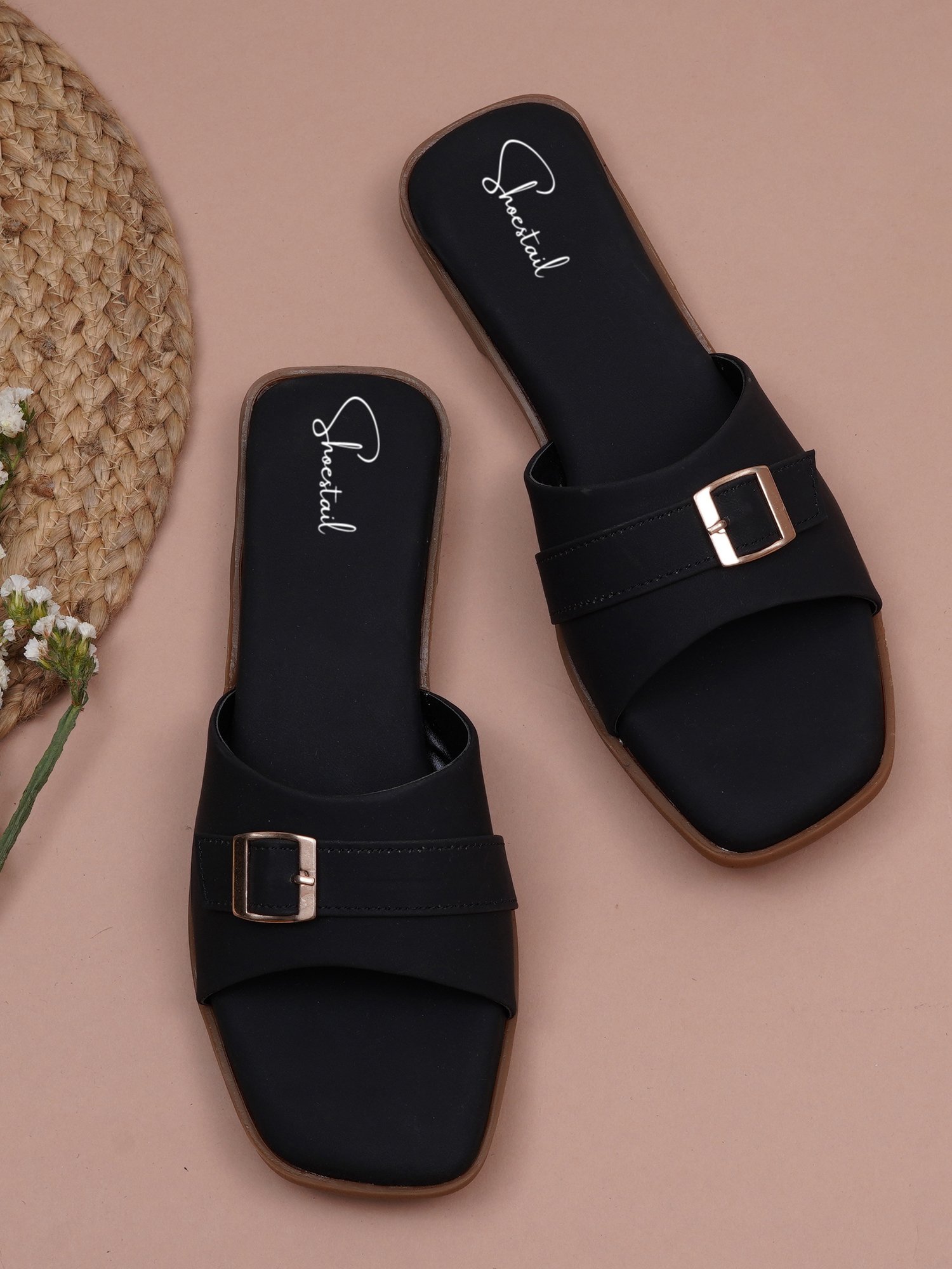 Shoestail Women's Flat Sandals | Slip-On Open Toe Flats for Women | Stylish Buckle Casual Sandals | Soft Cushioned Lightweight Fashion Slippers | Anti-Slip Sole | Beige