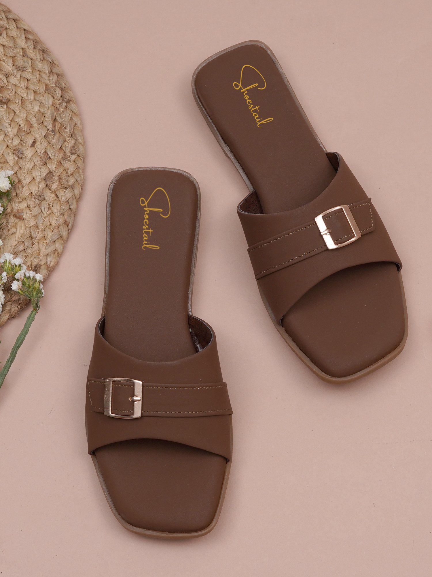Shoestail Women's Flat Sandals | Slip-On Open Toe Flats for Women | Stylish Buckle Casual Sandals | Soft Cushioned Lightweight Fashion Slippers | Anti-Slip Sole | Beige