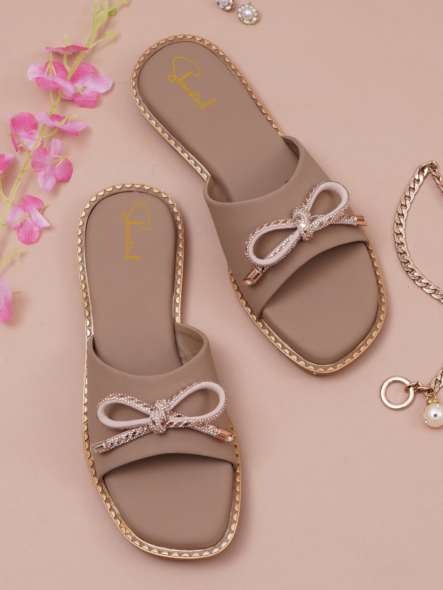 Shoestail Women's Bow Embellished Flat Sandals | Stylish Slip-On Open Toe Casual Slippers for Women | Lightweight Comfortable Daily Wear Fashion Flats | Beige