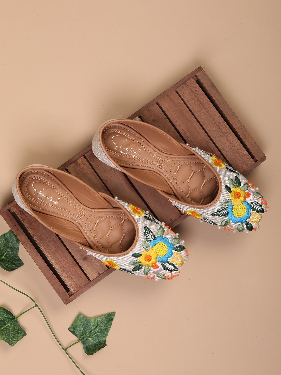 Shoestail Women's Handmade Floral Embroidered Jutti Flats | Ethnic Slip-On Mojaris with Bead & Pearl Work | Comfortable Traditional Footwear for Women