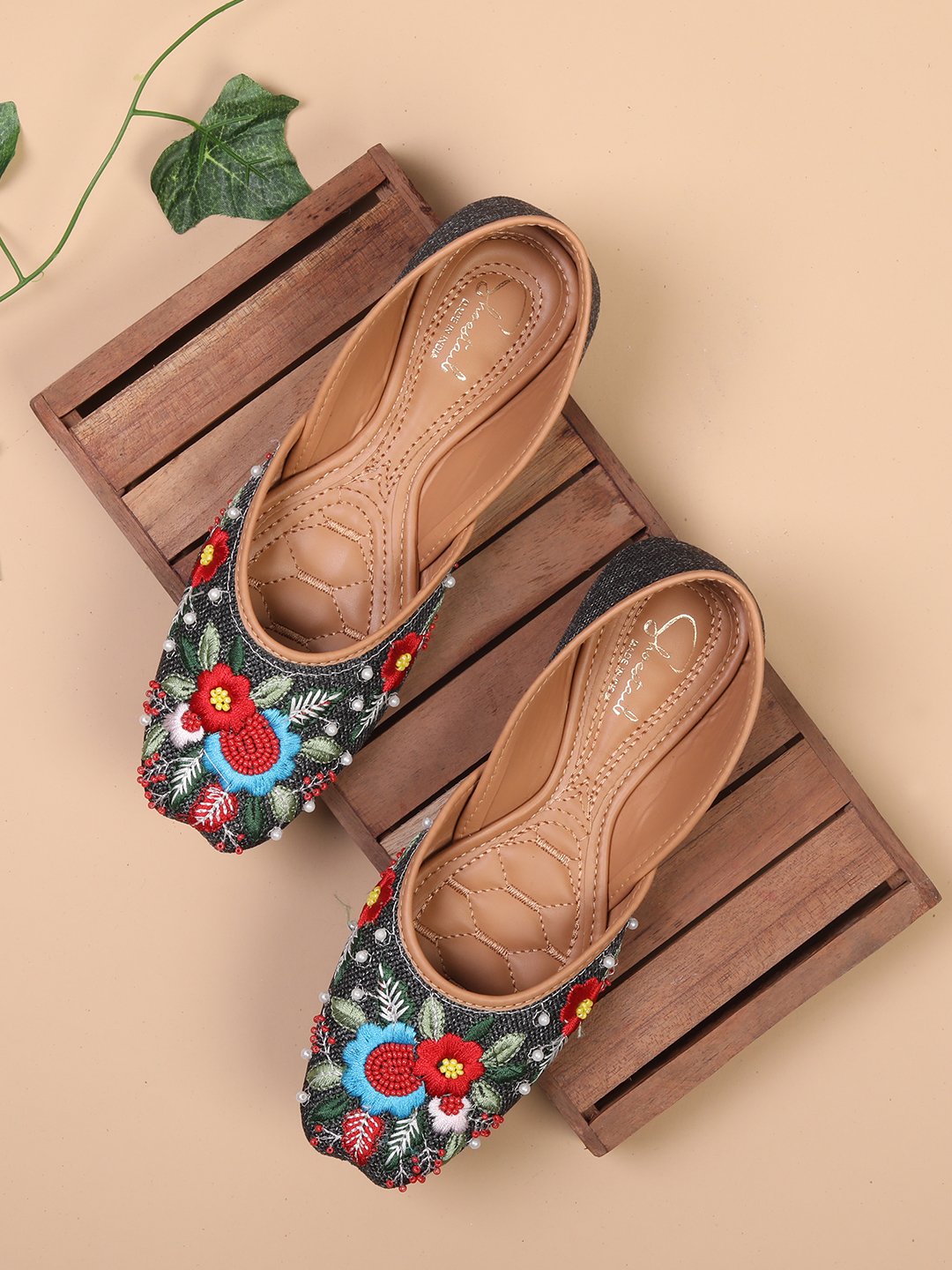 Shoestail Women's Handmade Floral Embroidered Jutti Flats | Ethnic Slip-On Mojaris with Bead & Pearl Work | Comfortable Traditional Footwear for Women