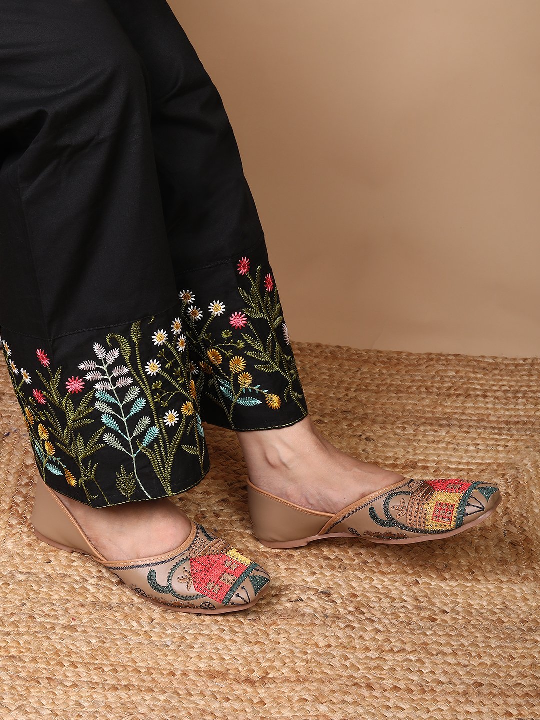 Shoestail Women's Handmade Embroidered Ethnic Jutti for Women | Traditional Punjabi Mojari Ballet Flats | Comfortable Slip-On Casual & Festive Footwear
