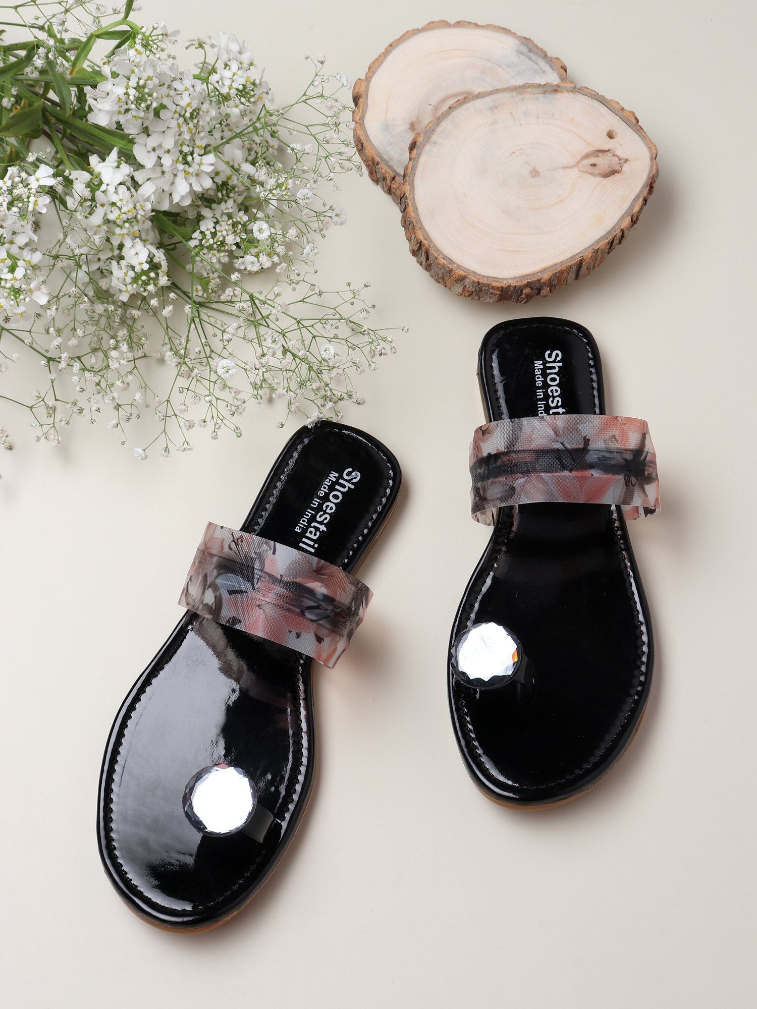Shoestail Women’s Crystal Toe-Ring Printed Strap Flat Sandals