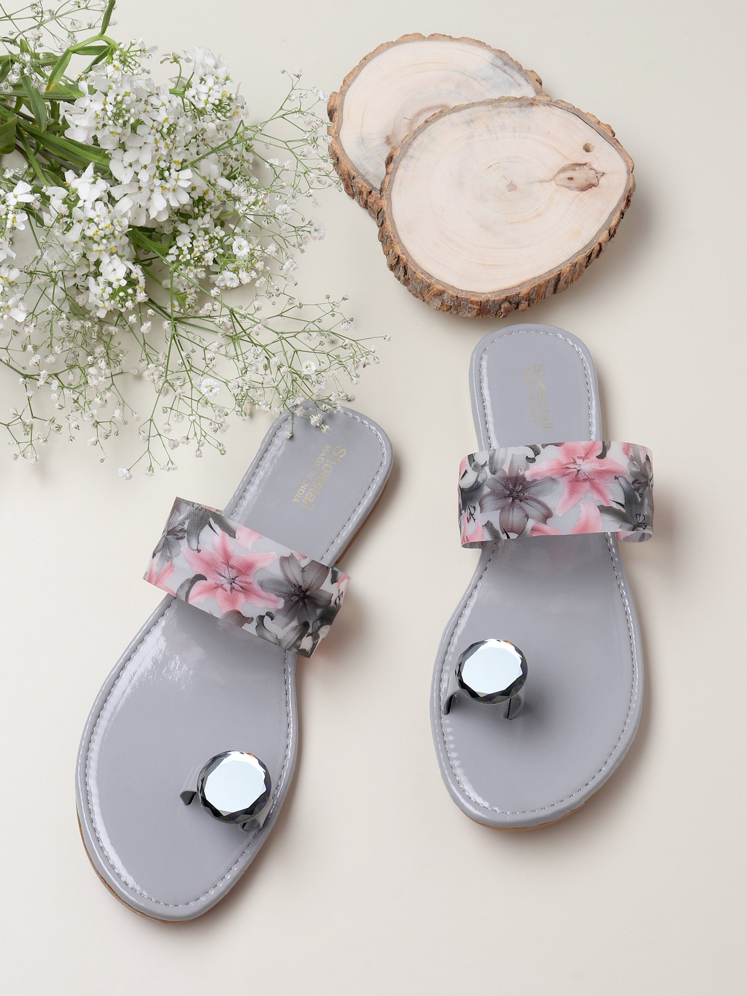 Shoestail Women’s Crystal Toe-Ring Printed Strap Flat Sandals