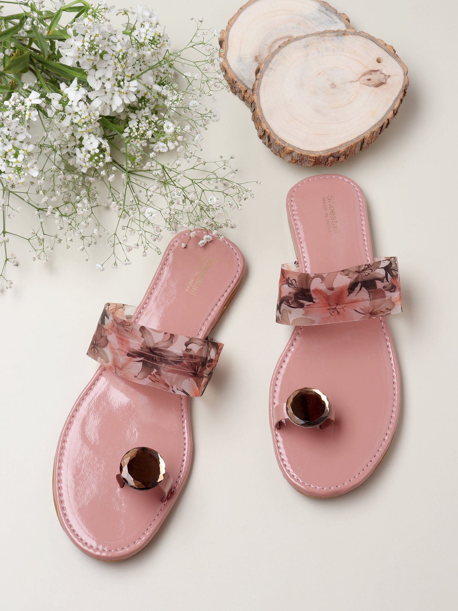 Shoestail Women’s Crystal Toe-Ring Printed Strap Flat Sandals
