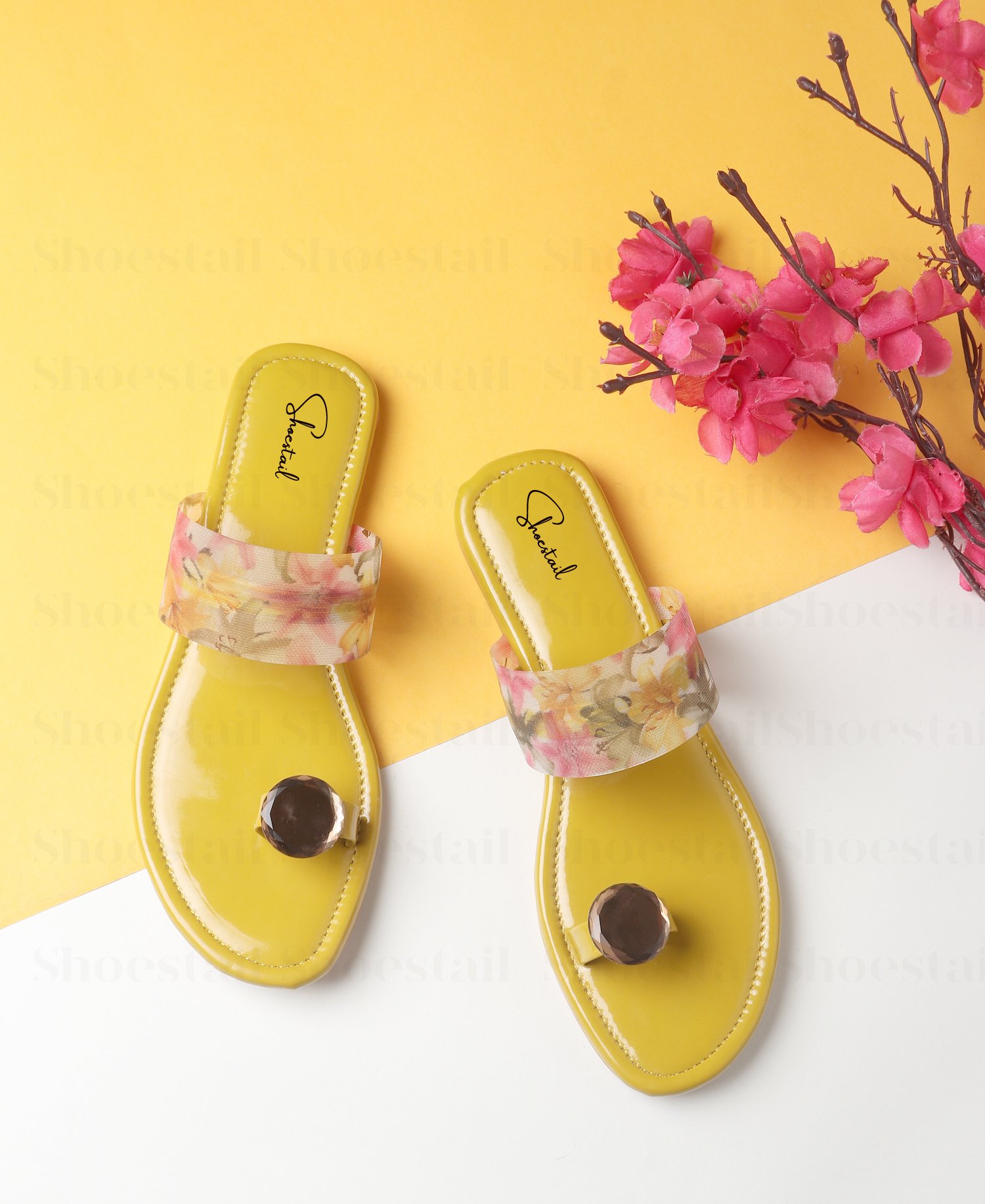 Shoestail Women’s Crystal Toe-Ring Printed Strap Flat Sandals